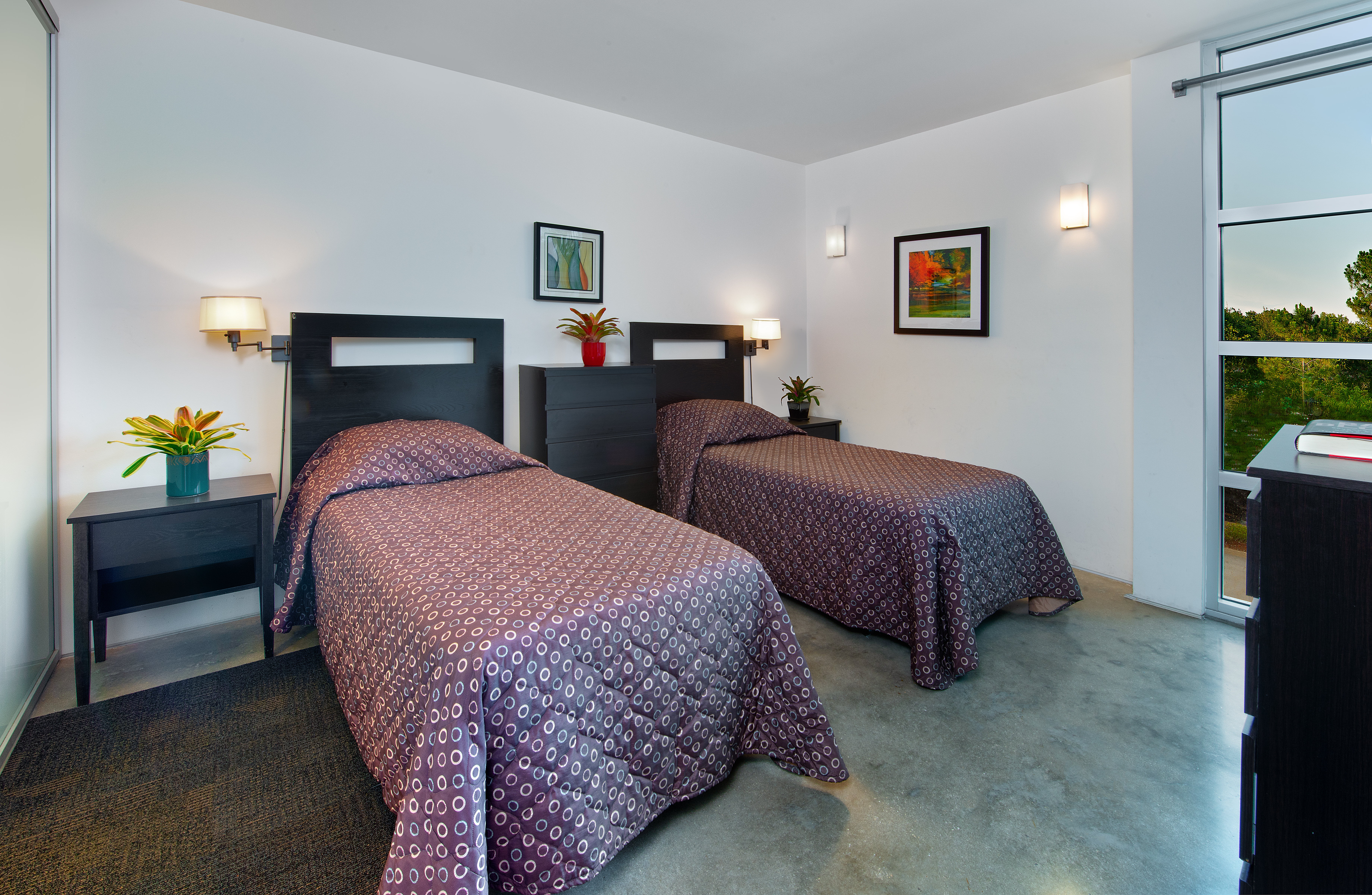 A view of a shared bedroom with two twin beds