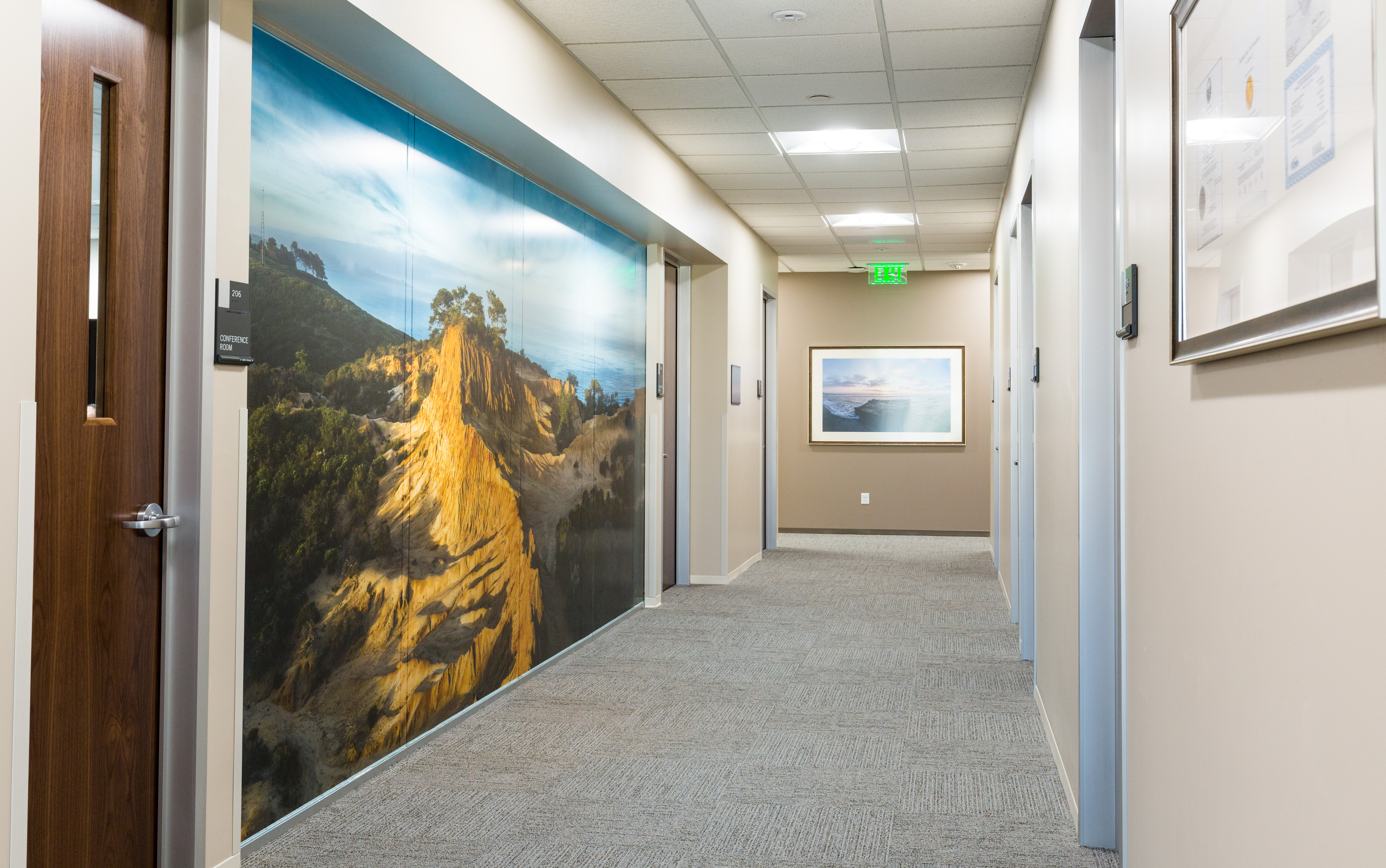 A view of a hallway lined with a mural of a mountain